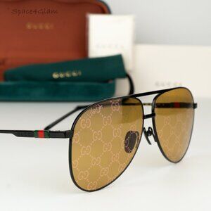BRAND NEW Gucci GG1677S 005 Black Yellow Mirror Logo Pilot Unisex Sunglasses